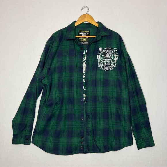 A**Holes Live Forever Green Blue Plaid Long Sleeve Mens Embroidered Shirt XXXL - Picture 2 of 10